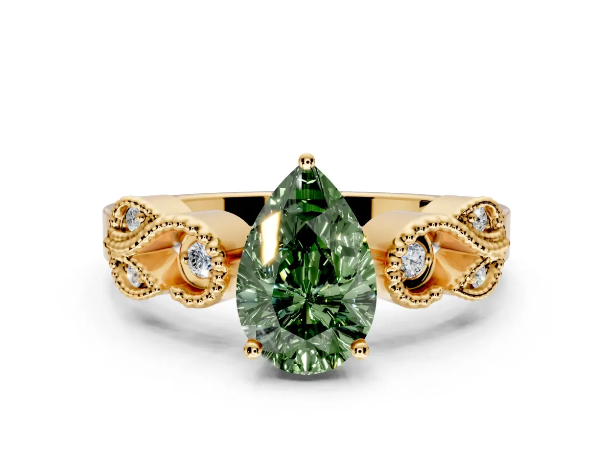 Leaf Engagement Ring Setting for Fancy Green Pear-Shaped Center with Milgrain Accent Band and Prong Head in Yellow Gold
