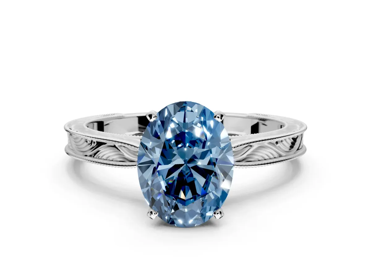 Solitaire Engagement Ring Setting for Fancy Blue Oval Center with Engraved Milgrain Band and Prong Head in Platinum