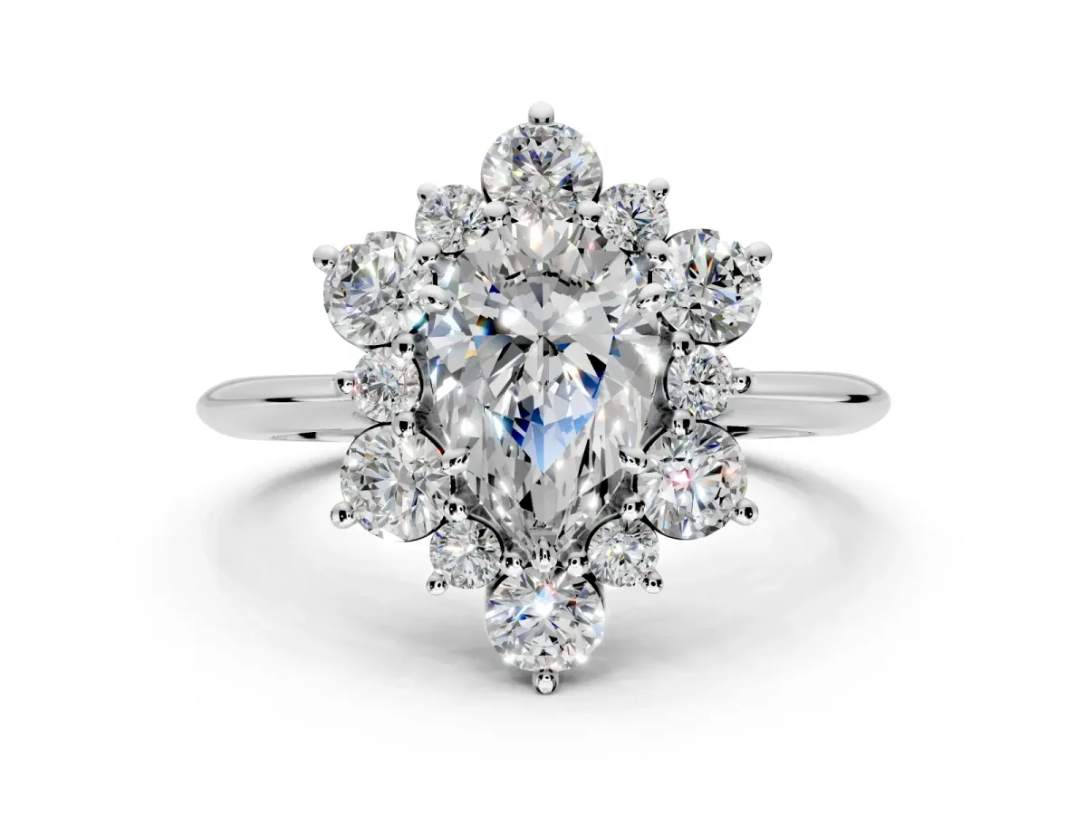 Small-Accent Cluster Halo Engagement Ring Setting for Pear-Shaped Center with Plain Band and Prong Head in White Gold
