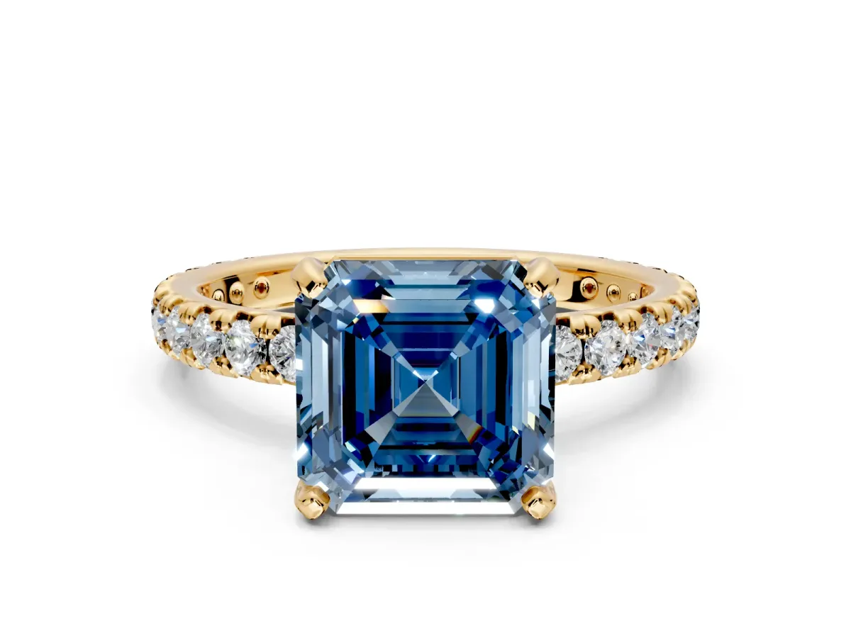 Solitaire Engagement Ring Setting for Fancy Blue Asscher Cut Center with Shared-Prong Accents and Prong Head in Yellow Gold