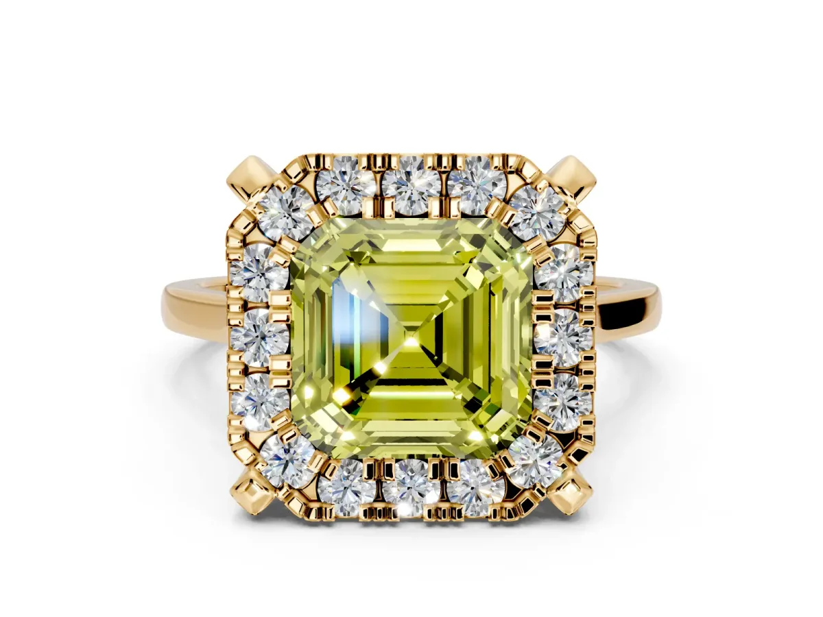 Single Halo Engagement Ring Setting for Fancy Yellow Asscher Cut Center with Corner Claws, Plain Band and Prong Head in Yellow Gold