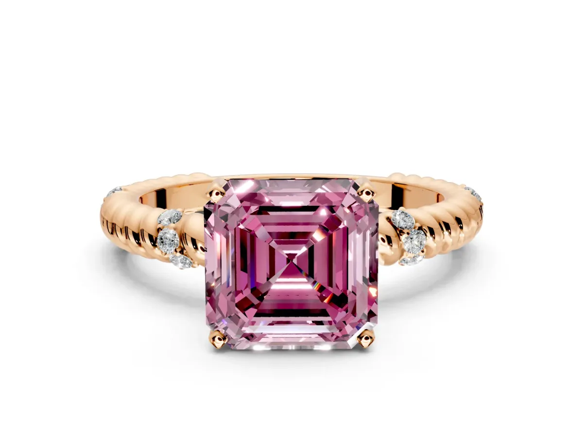 Rope Engagement Ring Setting for Fancy Pink Asscher Cut Center with Accent Shoulders and Prong Head in Rose Gold