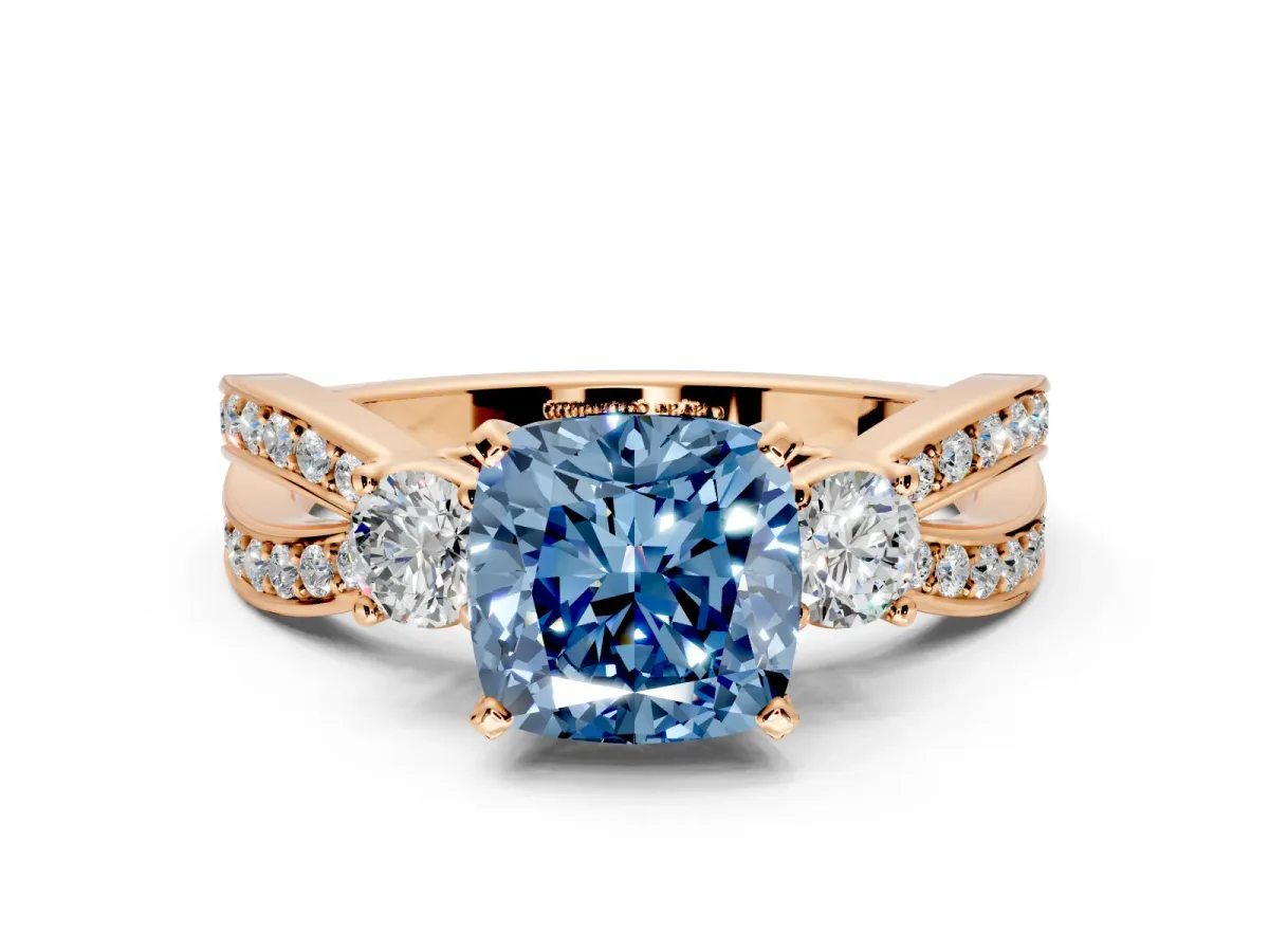 3 Stone Engagement Ring Setting for Fancy Blue Cushion Cut Center with Pave Twist Band and Prong Head in Rose Gold
