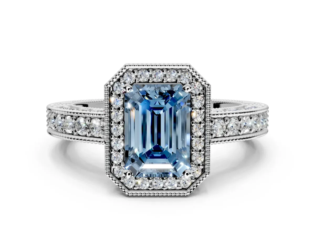 Milgrain Halo Engagement Ring Setting for Fancy Blue Emerald Cut Center with Wide Pave Band and Prong Head in Sterling Silver