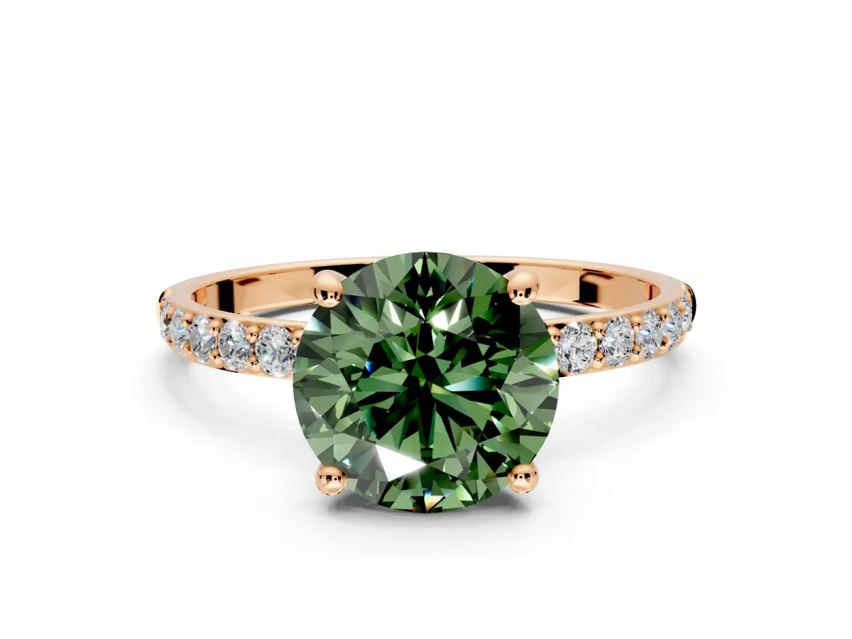 Solitaire Engagement Ring Setting for Fancy Green Round Cut Center with Pave Accents and Prong Head in Rose Gold
