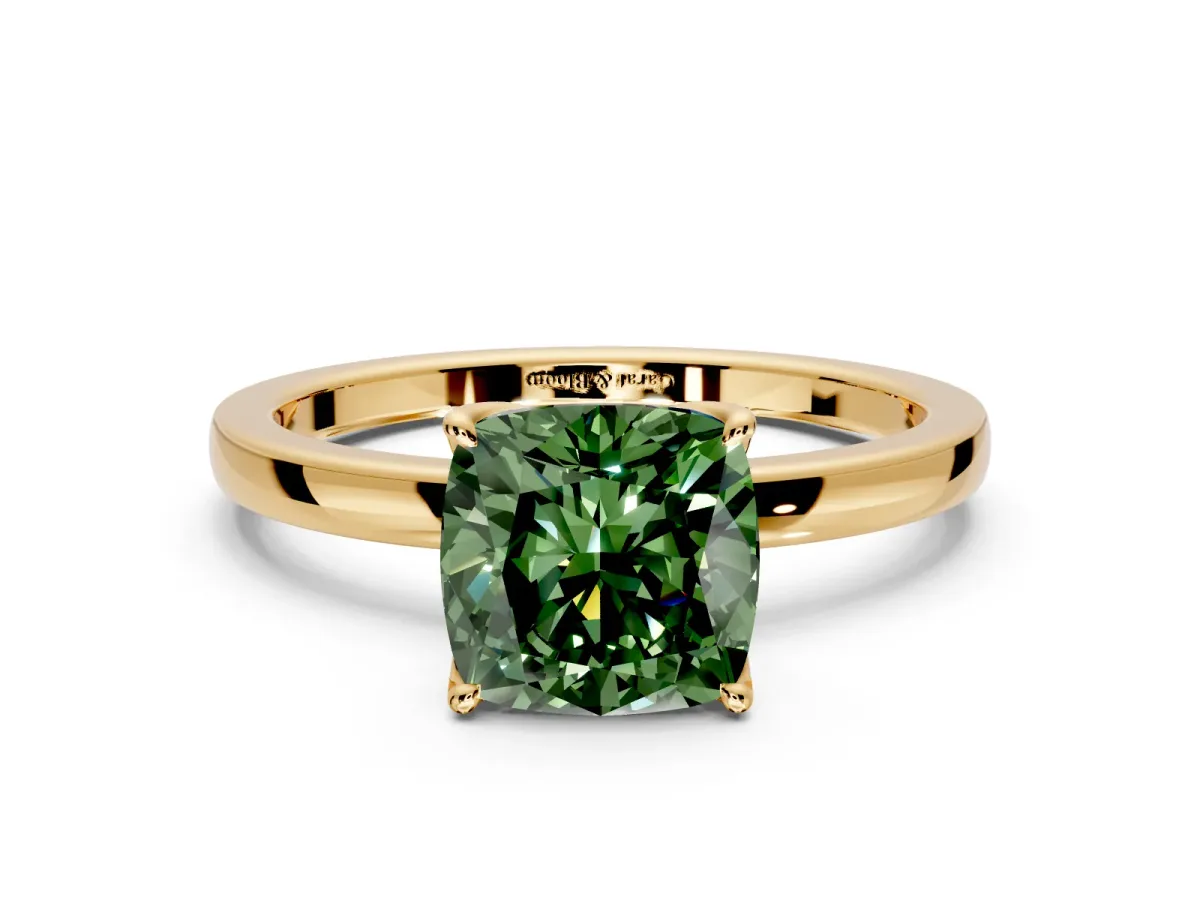 Solitaire Engagement Ring Setting for Fancy Green Cushion Cut Center with Thin Rounded Plain Band and Prong Head in Yellow Gold