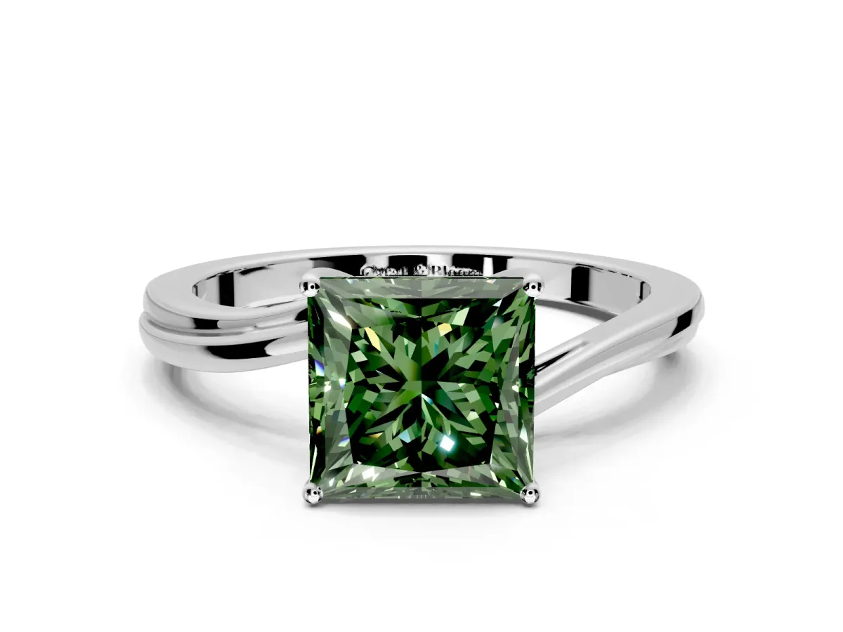 Solitaire Engagement Ring Setting for Fancy Green Princess Cut Center with Plain Bypass Twist Band and Prong Head in Platinum