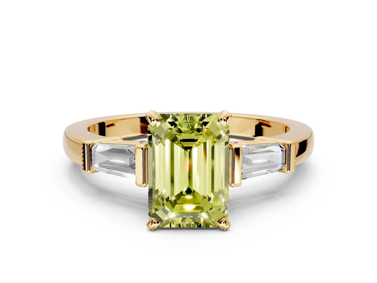 3 Stone Engagement Ring Setting for Fancy Yellow Emerald Cut Center with Channel Baguette Accents and Prong Head in Yellow Gold