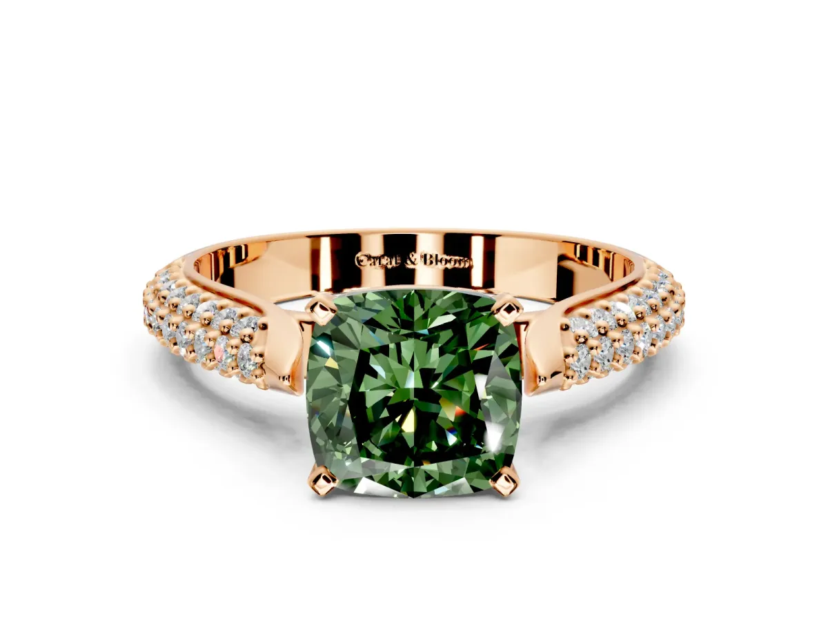 Solitaire Engagement Ring Setting for Fancy Green Cushion Cut Center with Multi-Row Accents and Prong Head in Rose Gold