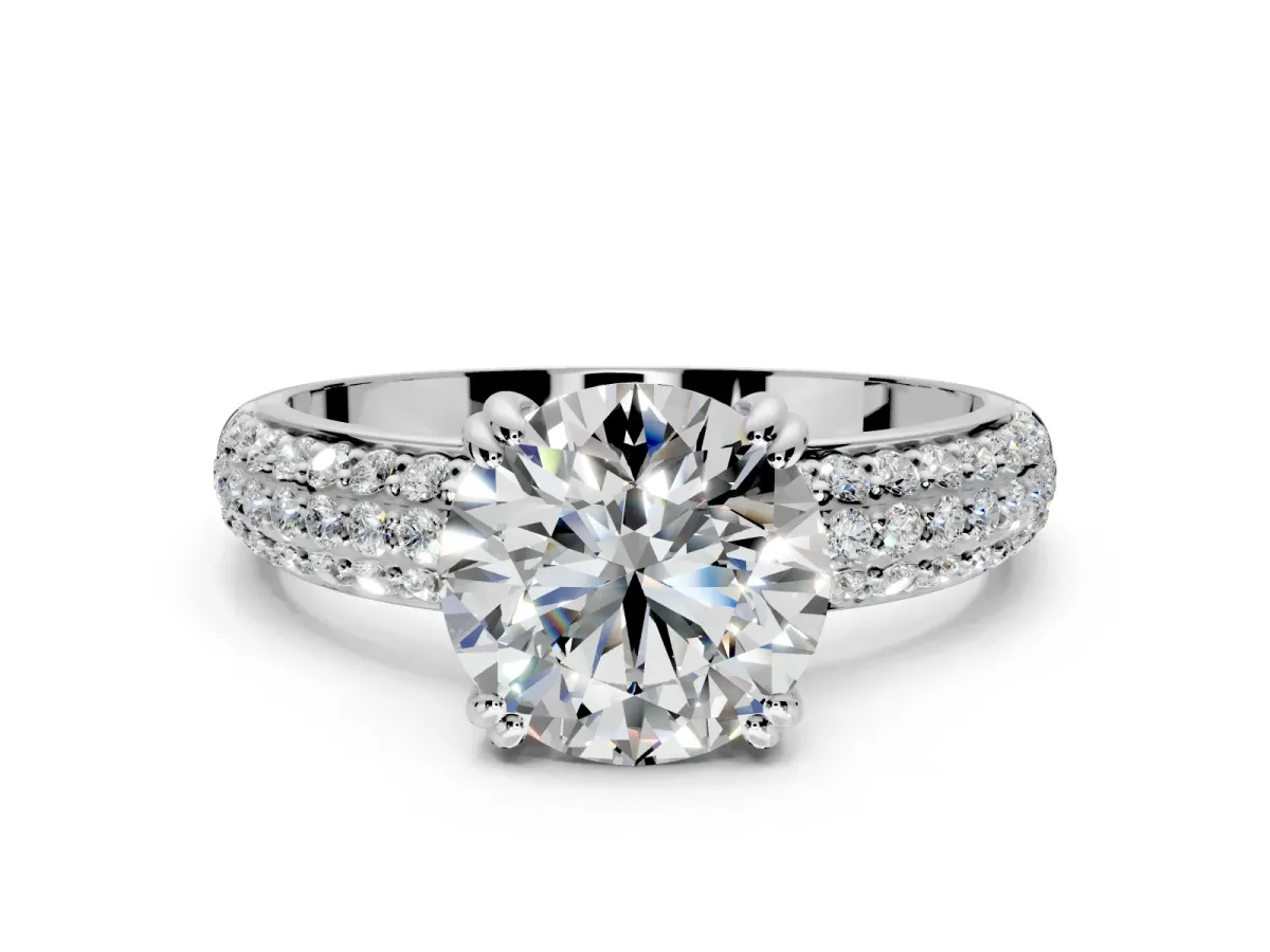 Solitaire Engagement Ring Setting for Round Cut Center with Multi-Row Pave Accents and Basket Head in Platinum