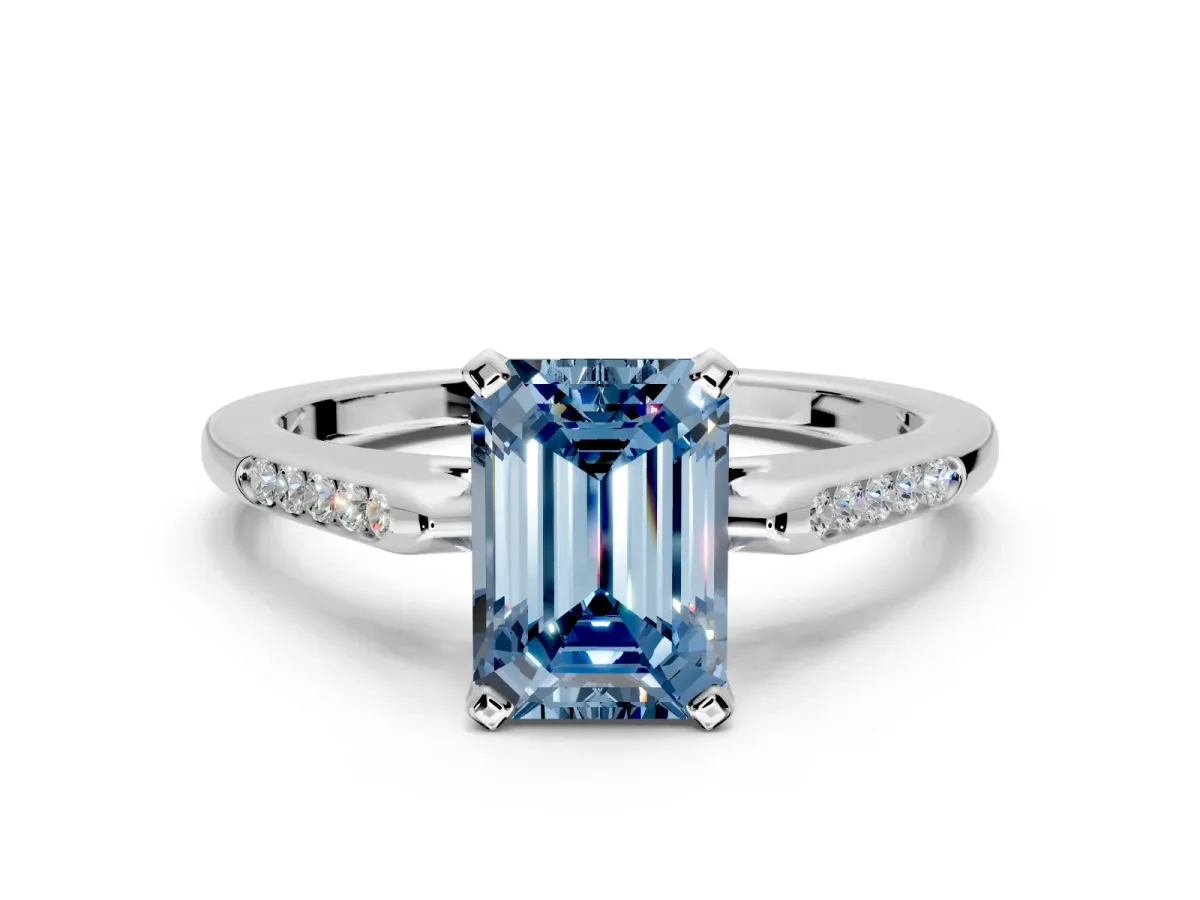 Solitaire Engagement Ring Setting for Fancy Blue Emerald Cut Center with Channel Accents and Prong Head in Sterling Silver