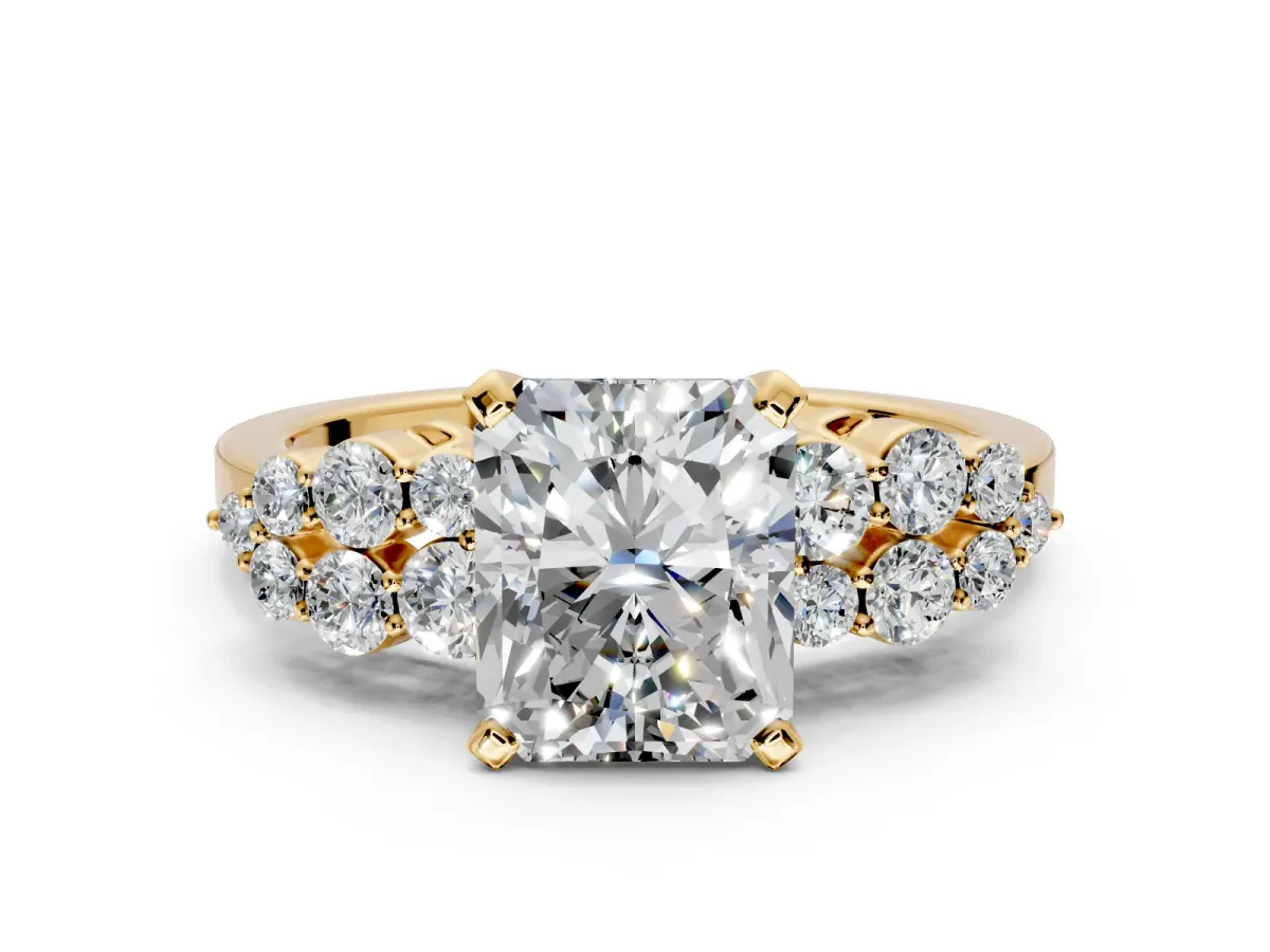 Cluster Engagement Ring Setting for Radiant Cut Center with 2-Row Shoulder Clusters and Prong Head in Yellow Gold