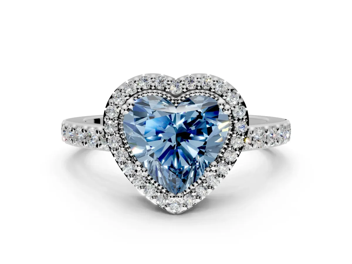 Halo Engagement Ring Setting for Fancy Blue Heart-Shaped Center with Inner Milgrain Border and Prong Head in Platinum