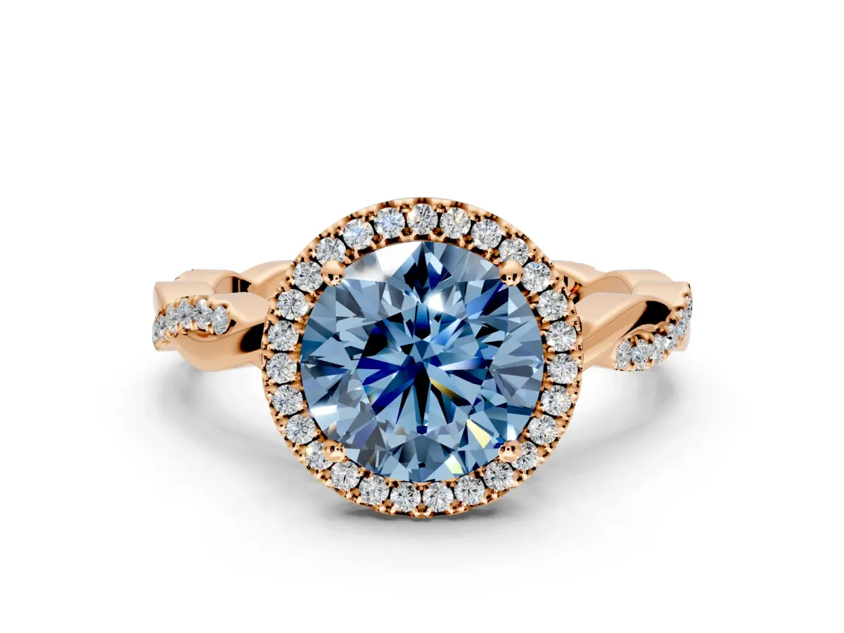Halo Engagement Ring Setting for Fancy Blue Round Cut Center with Pave and Plain Twist Band and Prong Head in Rose Gold