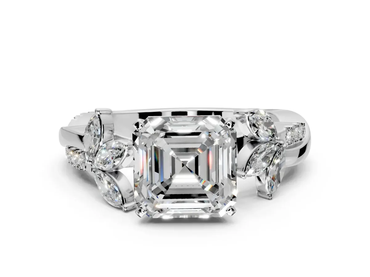 Floral Engagement Ring Setting for Asscher Cut Center with Trailing Marquise Accents and Prong Head in Platinum