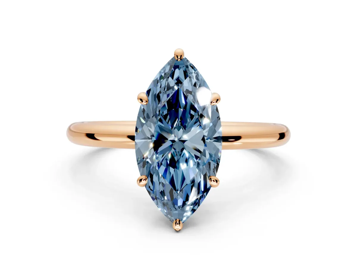 Low-Set Solitaire Engagement Ring Setting for Fancy Blue Oval Center with Thin Plain Band and Prong Head in Rose Gold