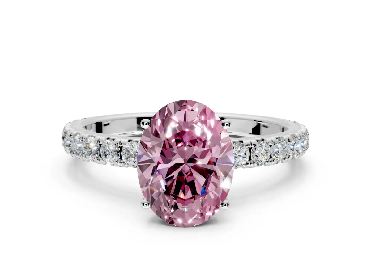 Solitaire Engagement Ring Setting for Fancy Pink Oval Center with Large Accent Band and Prong Head in White Gold