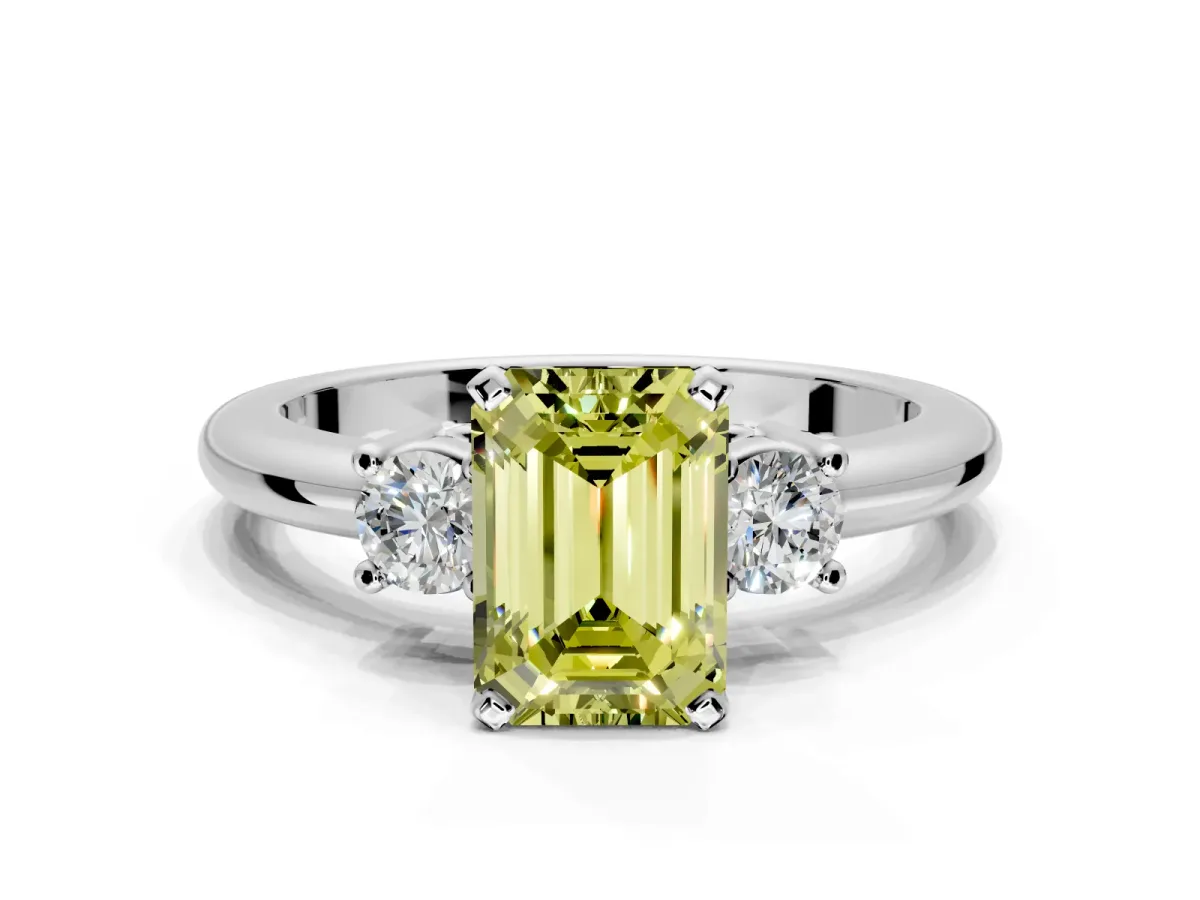 3 Stone Engagement Ring Setting for Fancy Yellow Emerald Cut Center with Wide Plain Band and Prong Head in Platinum
