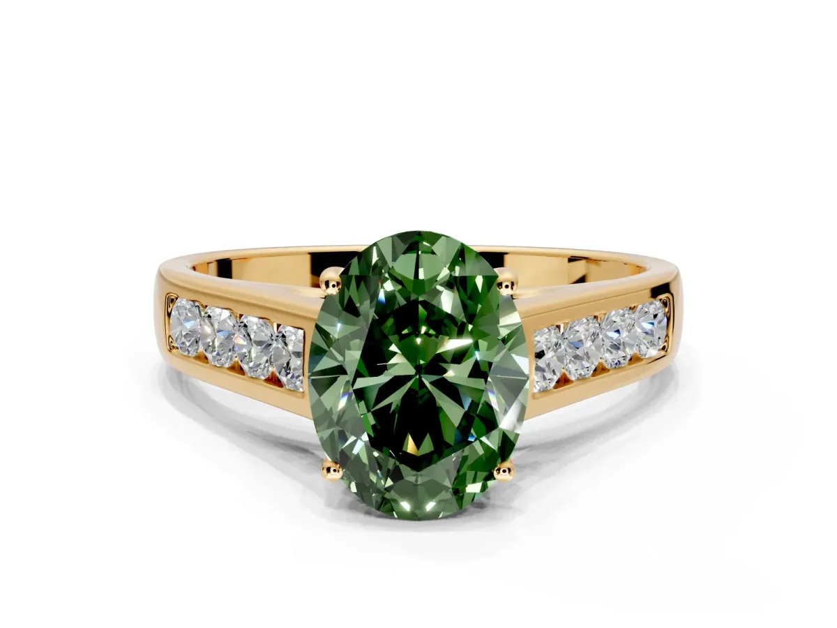 Solitaire Engagement Ring Setting for Fancy Green Oval Center with Cathedral Channel Band and Prong Head in Yellow Gold
