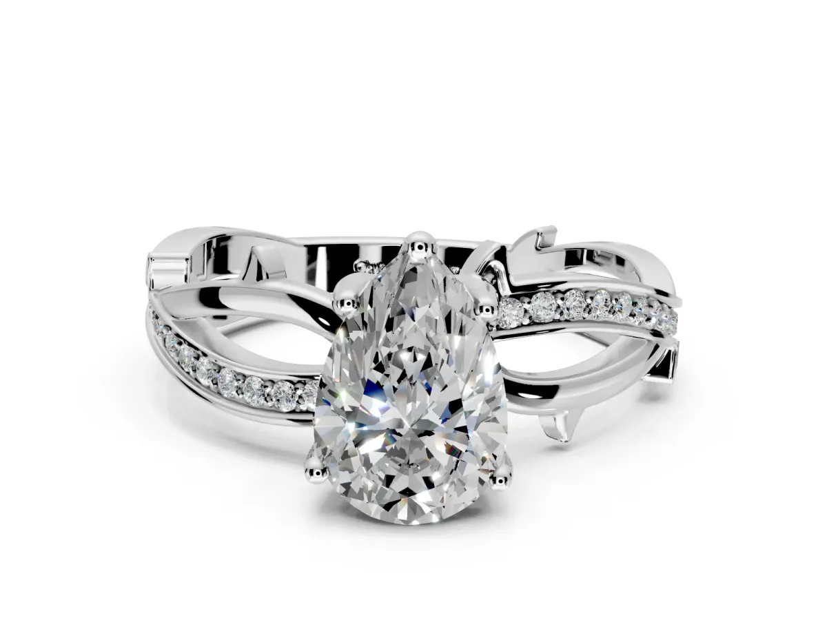 Solitaire Engagement Ring Setting for Pear-Shaped Center with Pave and Plain Crossover Band and Prong Head in Sterling Silver