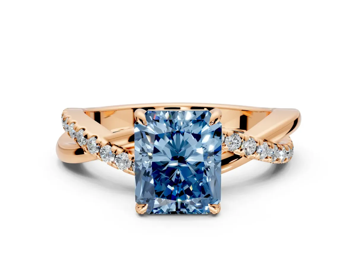 Crossover Engagement Ring Setting for Fancy Blue Radiant Cut Center with Pave and Plain Strands and Prong Head in Rose Gold