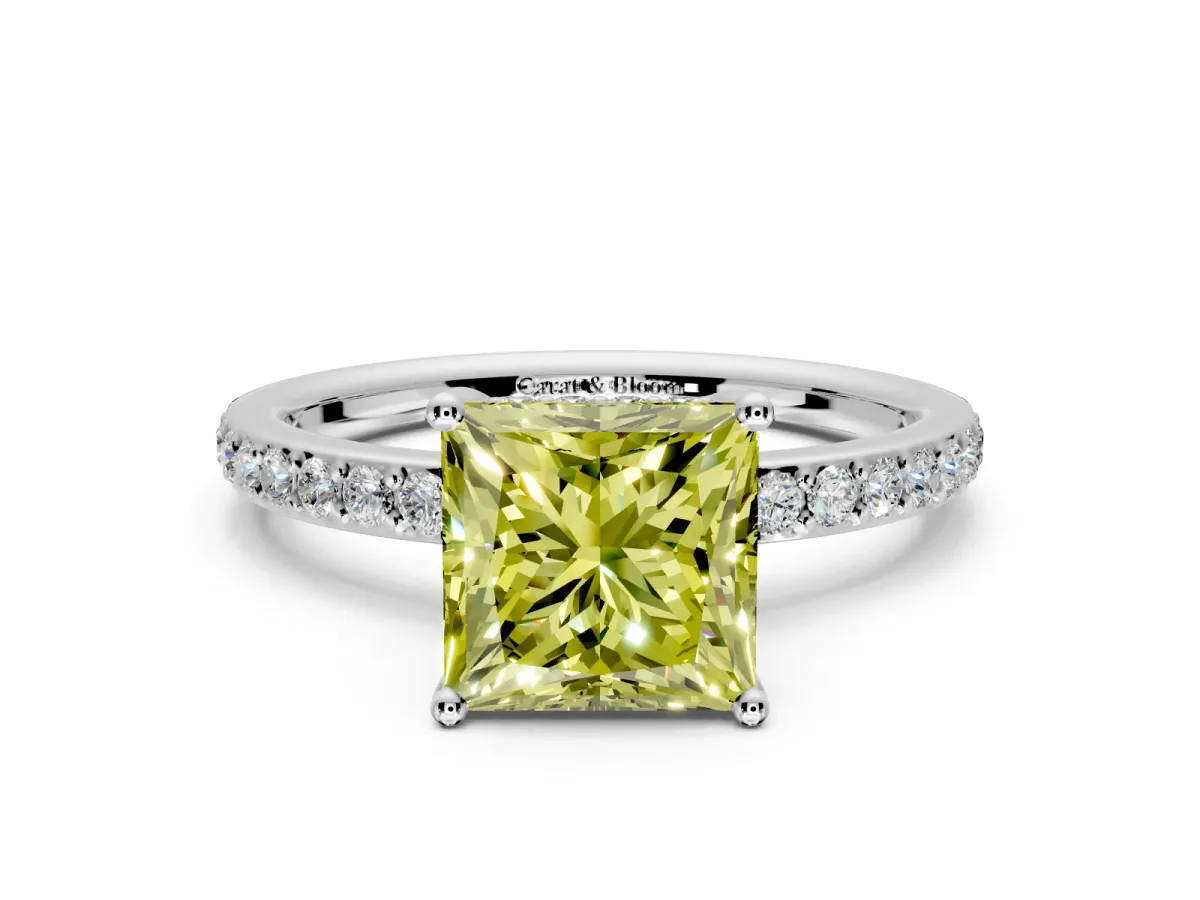 Solitaire Engagement Ring Setting for Fancy Yellow Princess Cut Center with Fine Pave Band and Prong Head in Sterling Silver