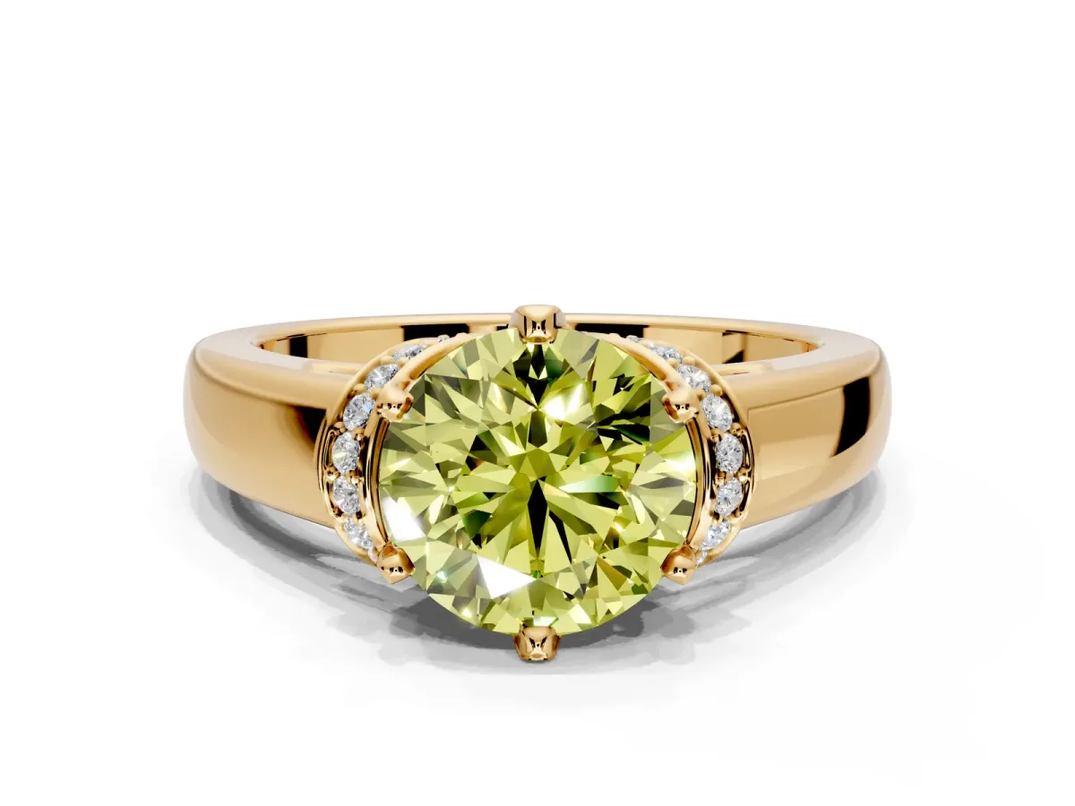 Solitaire Engagement Ring Setting for Fancy Yellow Round Cut Center with Wide Band, Pave Collar and Prong Head in Yellow Gold