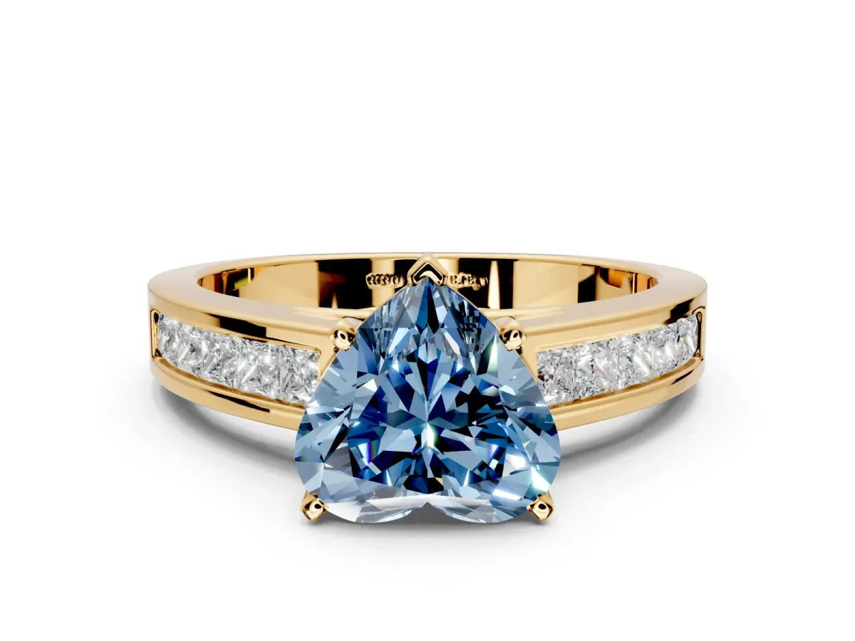 Solitaire Engagement Ring Setting for Fancy Blue Heart-Shaped Center with Princess Cut Channel Band and Prong Head in Yellow Gold