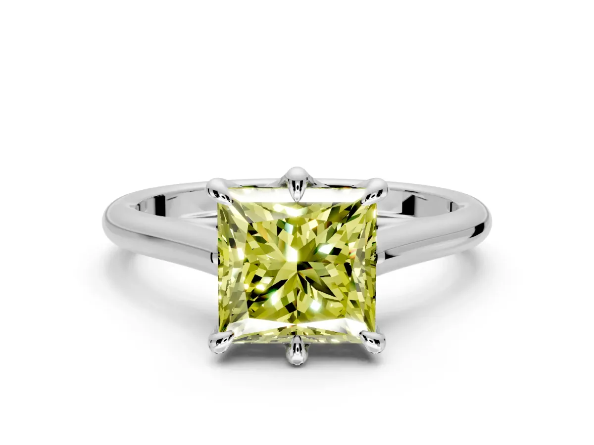 Solitaire Engagement Ring Setting for Fancy Yellow Princess Cut Center with Cathedral Band and Prong Head in White Gold