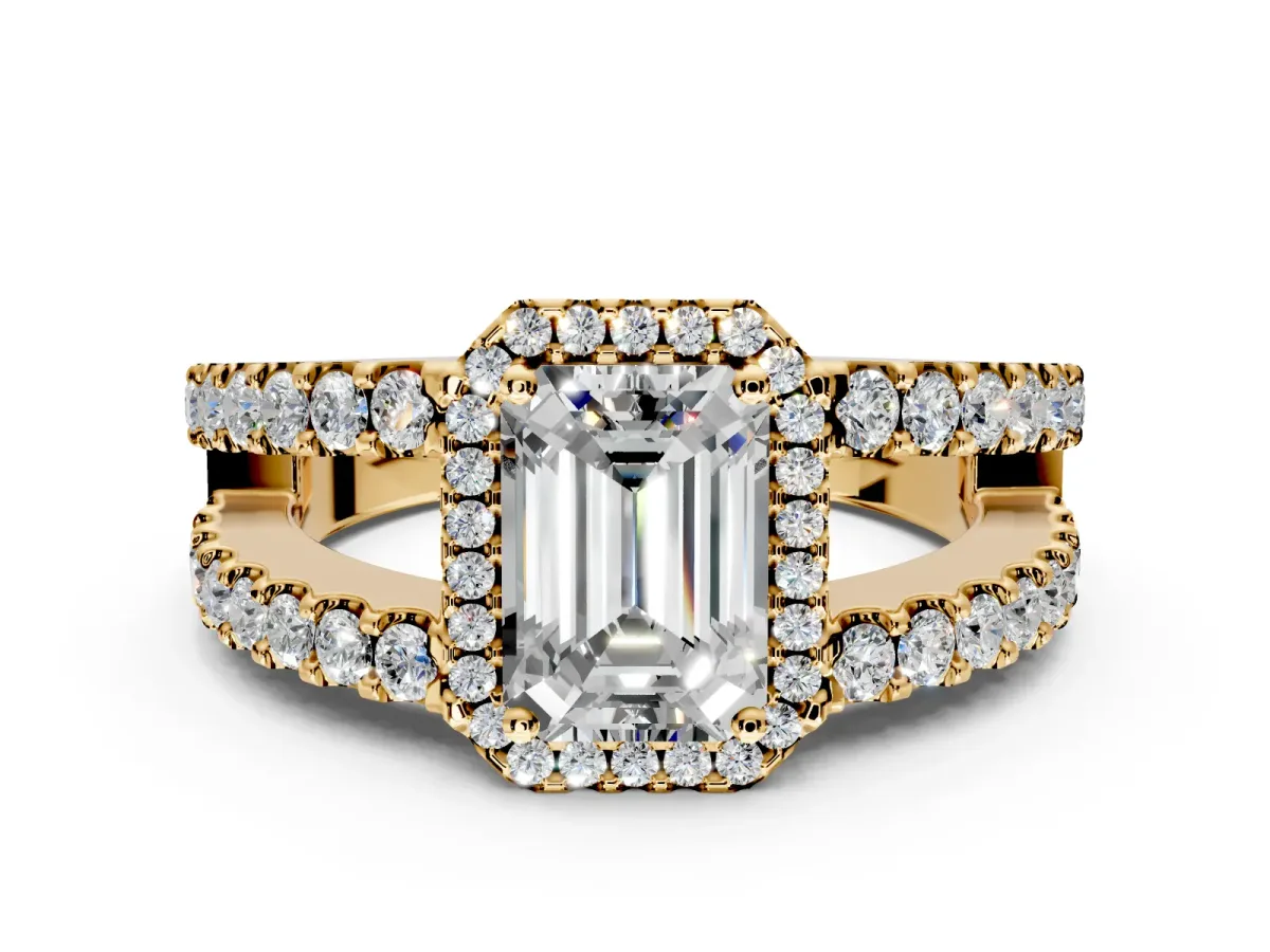 Halo Engagement Ring Setting for Emerald Cut Center with Wide-Open Pave Split Shank and Prong Head in Yellow Gold