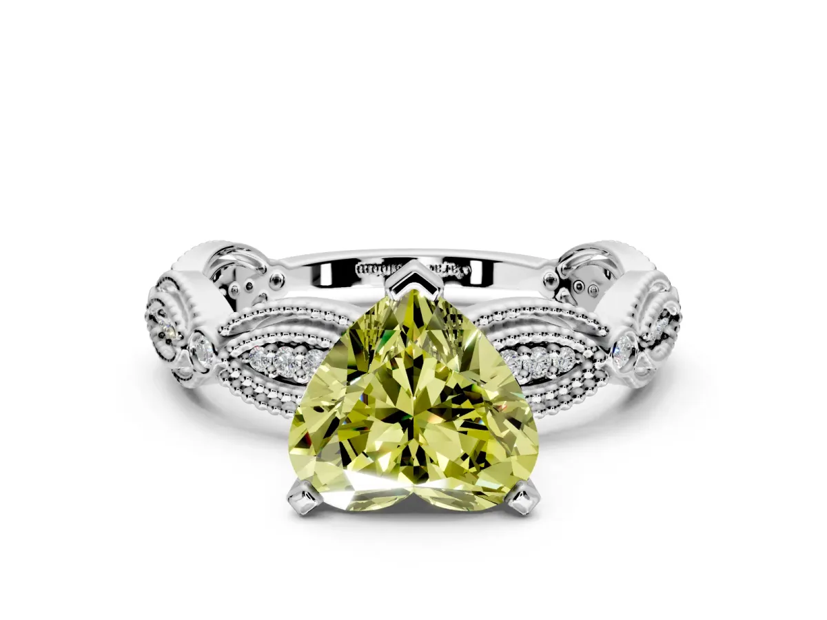 Solitaire Engagement Ring Setting for Fancy Yellow Heart-Shaped Center with Marquise Panel Band and Prong Head in White Gold