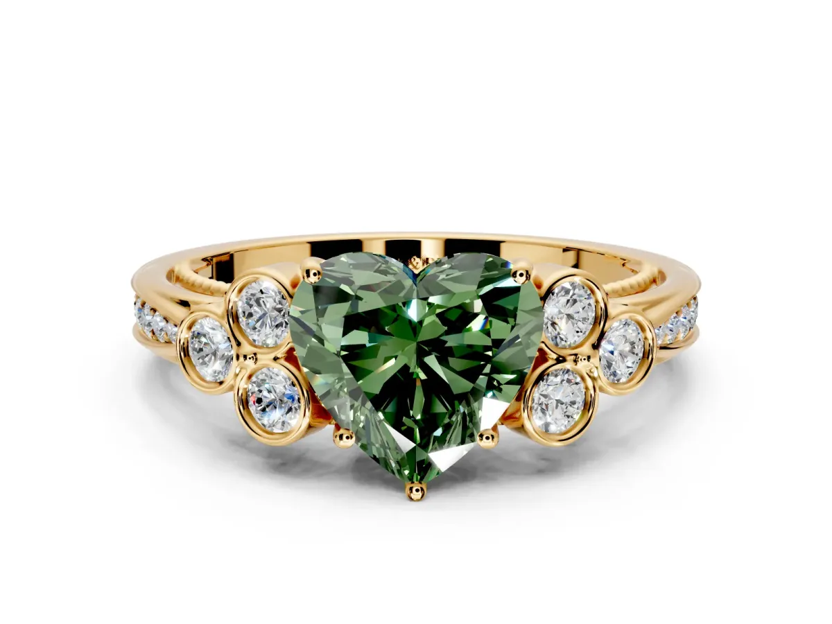 Cluster Engagement Ring Setting for Fancy Green Heart-Shaped Center with Bezel Accent Clusters and Prong Head in Yellow Gold