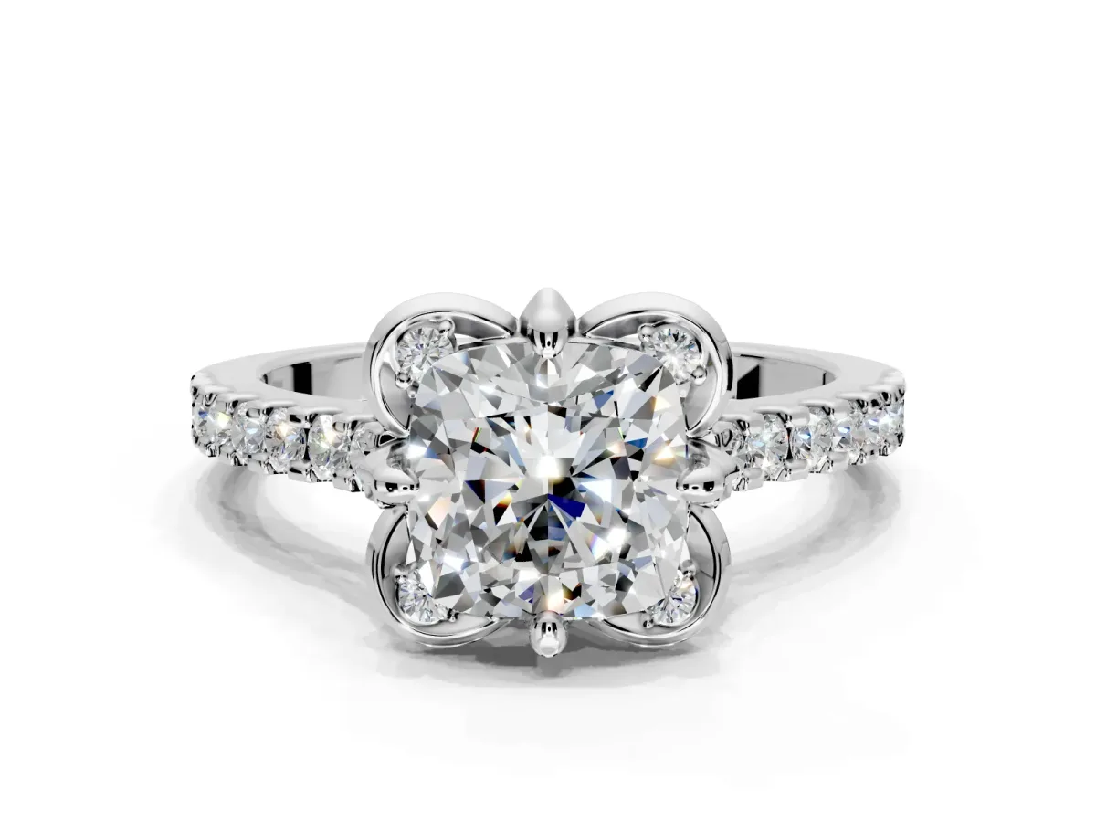 Floral Engagement Ring Setting for Cushion Cut Center with Pave Band and Floral Prong Head in Platinum