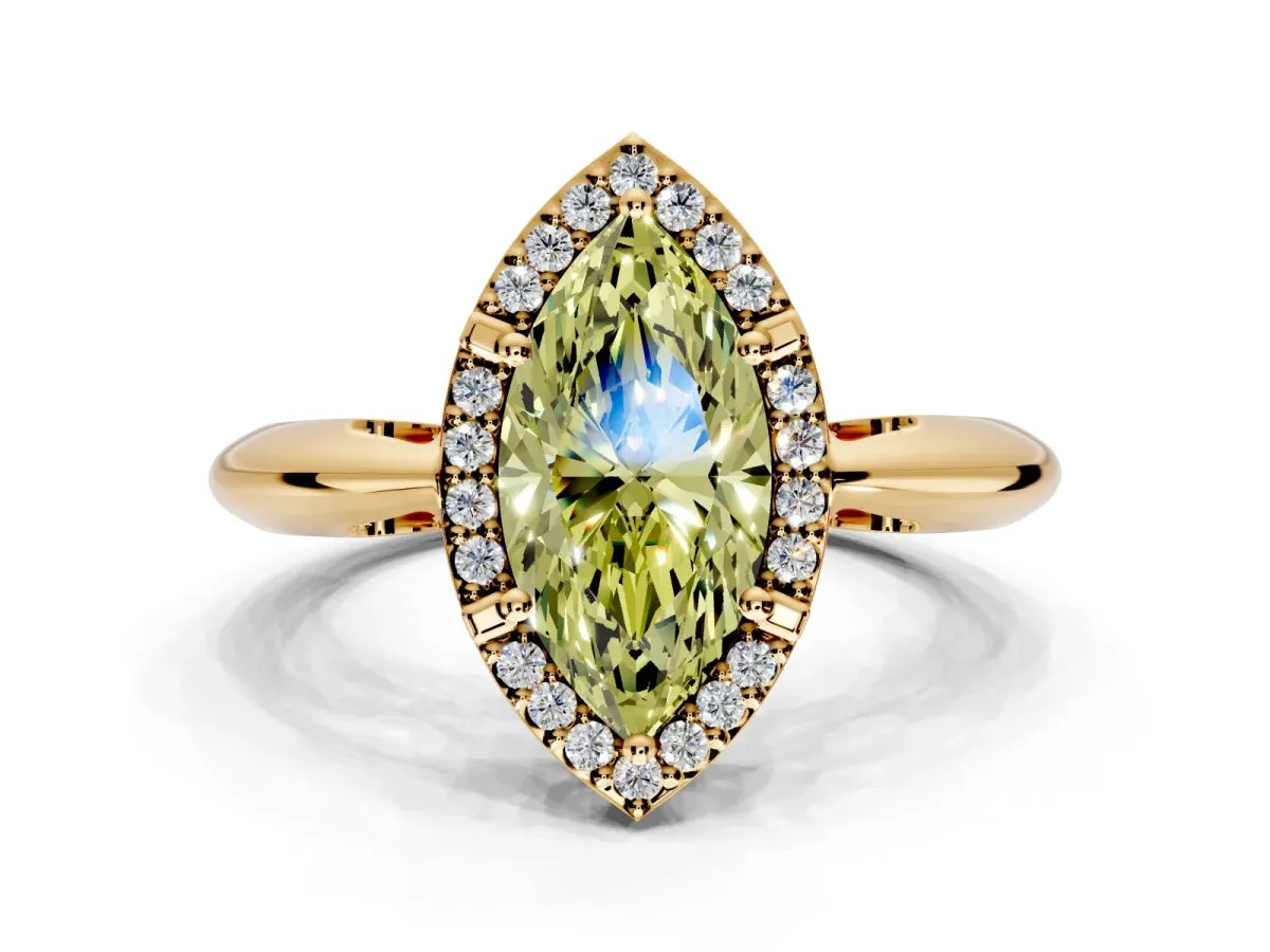 Halo Engagement Ring Setting for Fancy Yellow Marquise Center with Tapered Plain Band and Prong Head in Yellow Gold