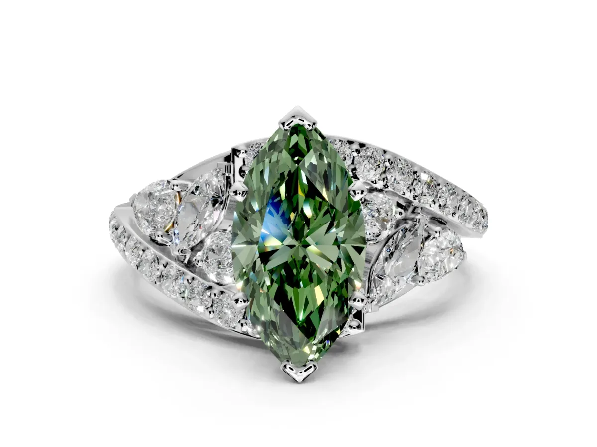 Halo Engagement Ring Setting for Fancy Green Marquise Center with Marquise and Pave Bypass Band and Prong Head in White Gold