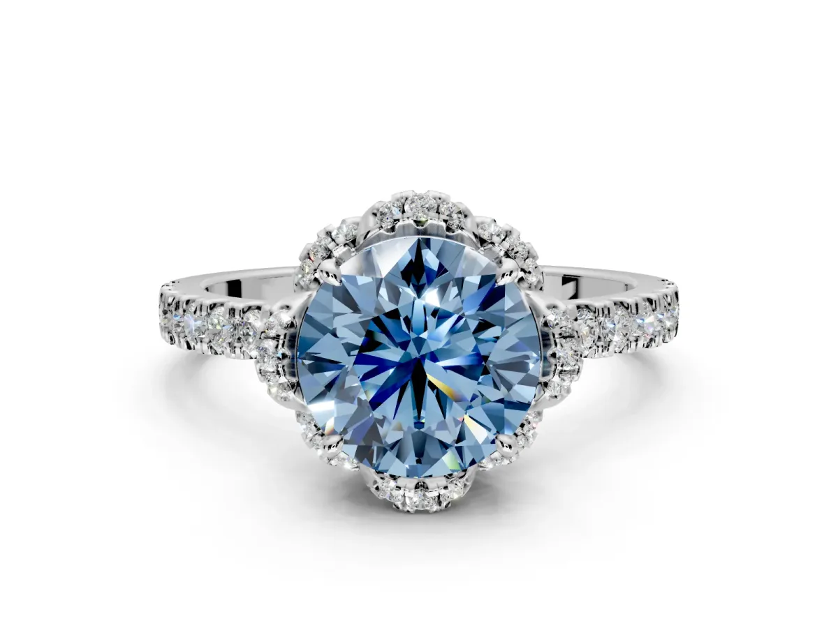 Halo Engagement Ring Setting for Fancy Blue Round Cut Center with Openwork Halo, Pave Band and Prong Head in White Gold