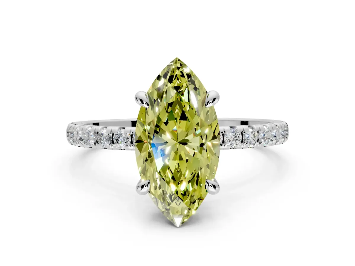 Solitaire Engagement Ring Setting for Fancy Yellow Marquise Center with Fine Pave Narrow Band and Prong Head in White Gold