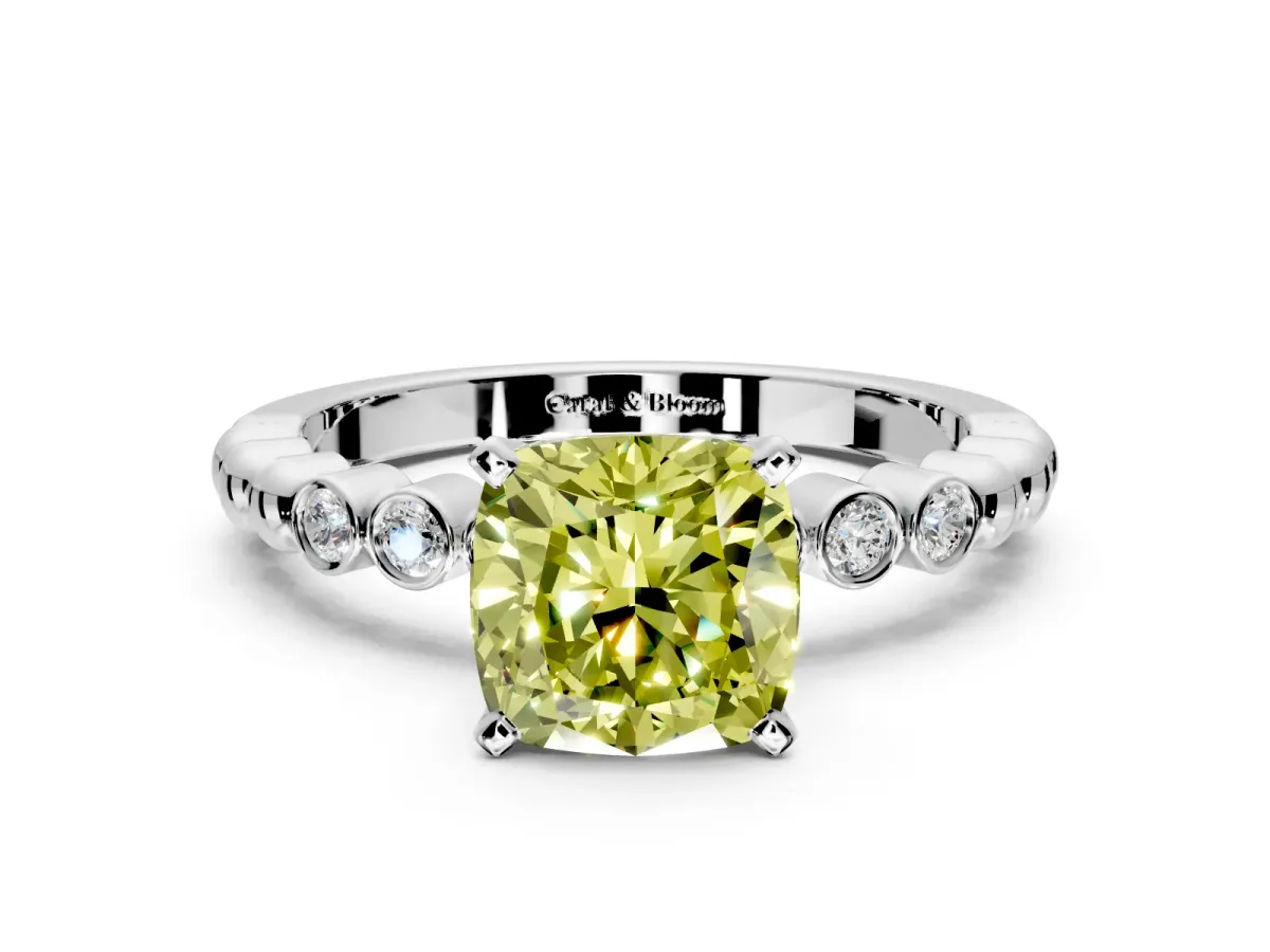 Solitaire Engagement Ring Setting for Fancy Yellow Cushion Cut Center with Bezel-Dot Beaded Band and Prong Head in Platinum