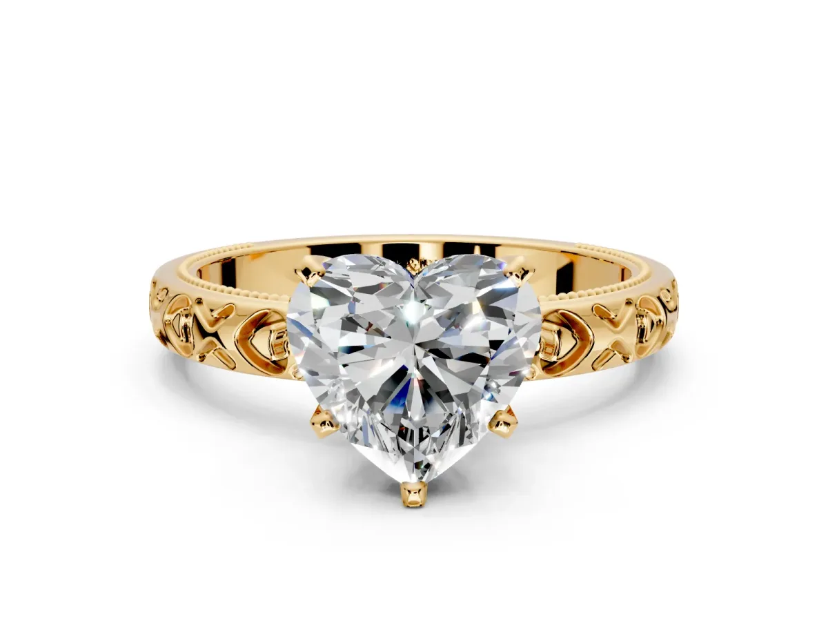 Solitaire Engagement Ring Setting for Heart-Shaped Center with XO Engraved Band and Prong Head in Yellow Gold