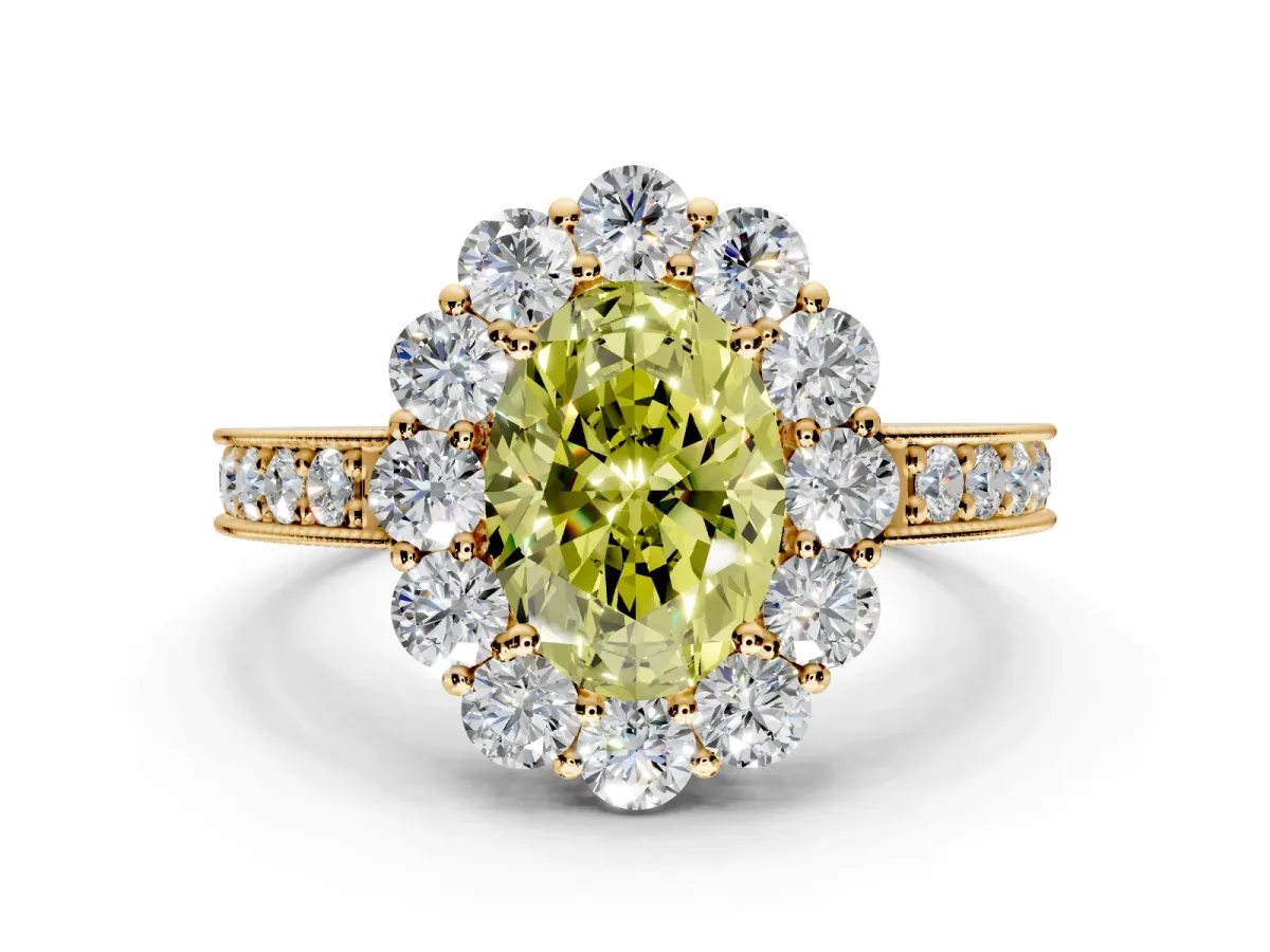Halo Engagement Ring Setting for Fancy Yellow Oval Center with Milgrain Channel Band and Prong Head in Yellow Gold