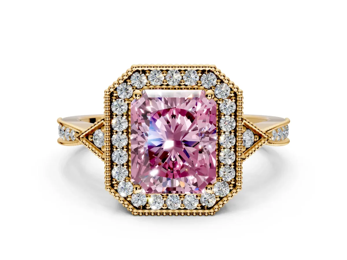 Halo Engagement Ring Setting for Fancy Pink Radiant Cut Center with Milgrain Rim, Pave Band and Prong Head in Yellow Gold