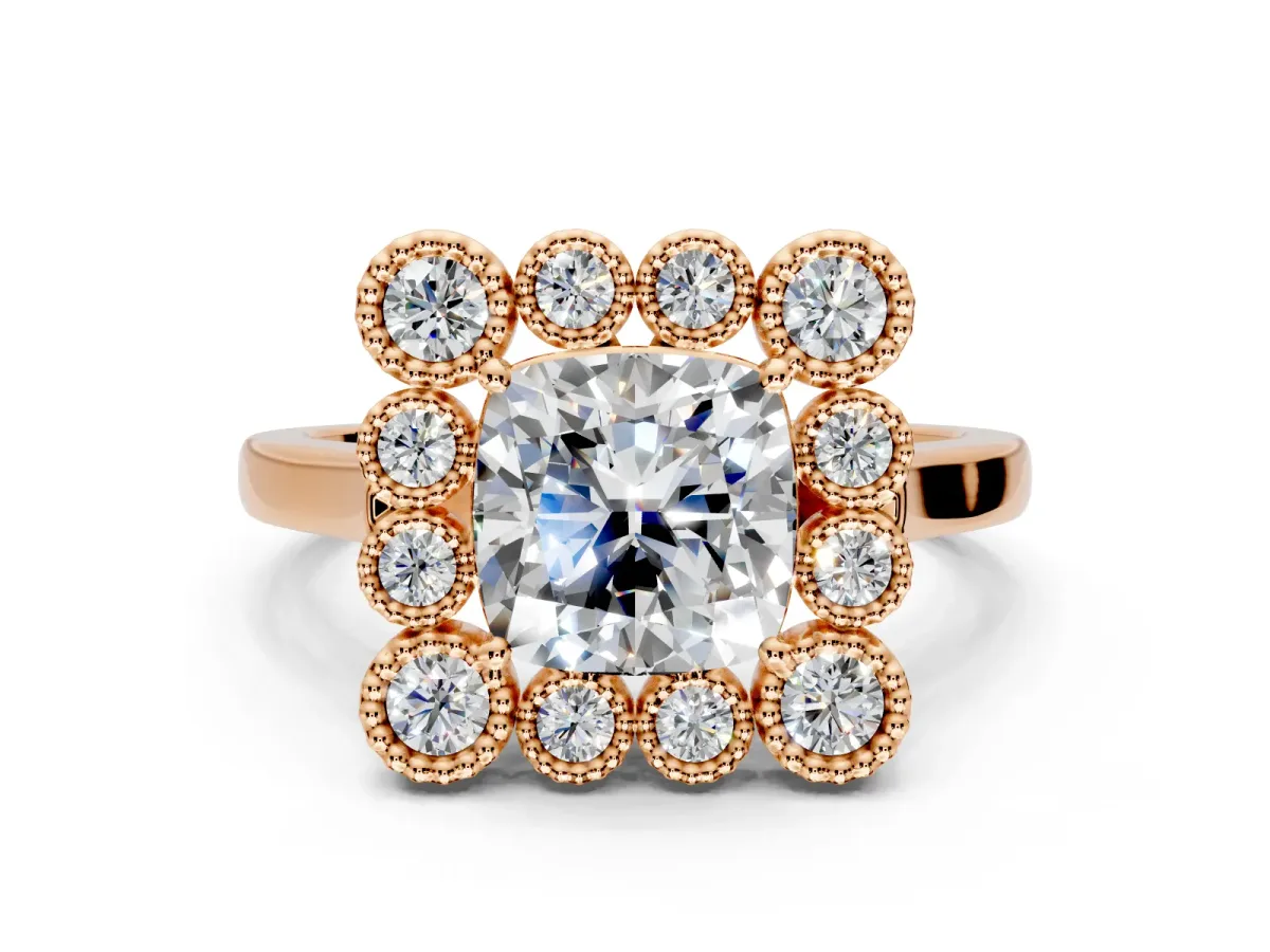 Cluster Halo Engagement Ring Setting for Cushion Cut Center with Milgrain Bezel Accents and Prong Head in Rose Gold