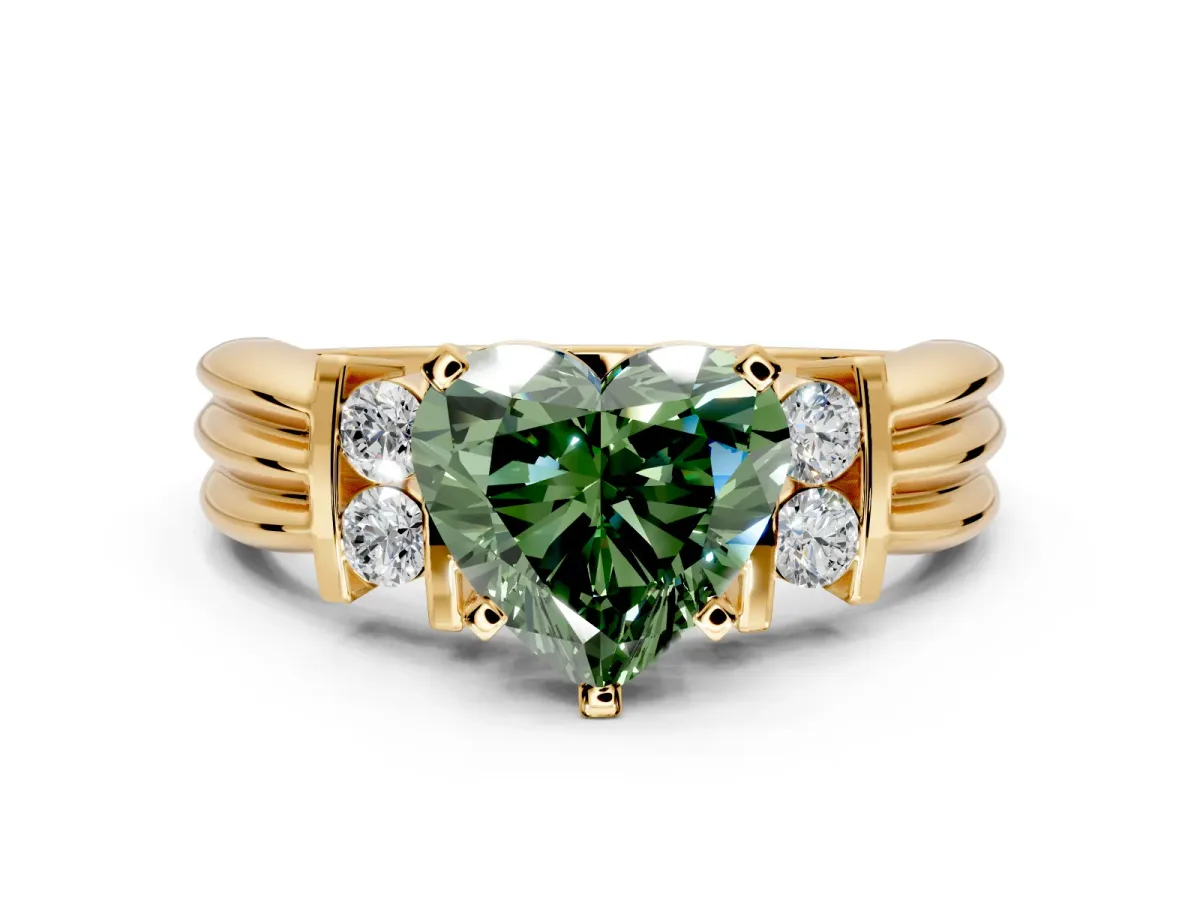 Solitaire Engagement Ring Setting for Fancy Green Heart-Shaped Center with Grooved Bar Accent Band and Prong Head in Yellow Gold