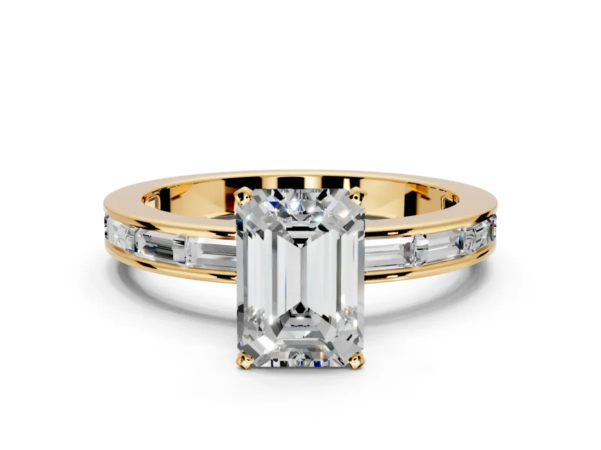 Solitaire Engagement Ring Setting for Emerald Cut Center with Channel Baguette Band and Prong Head in Yellow Gold