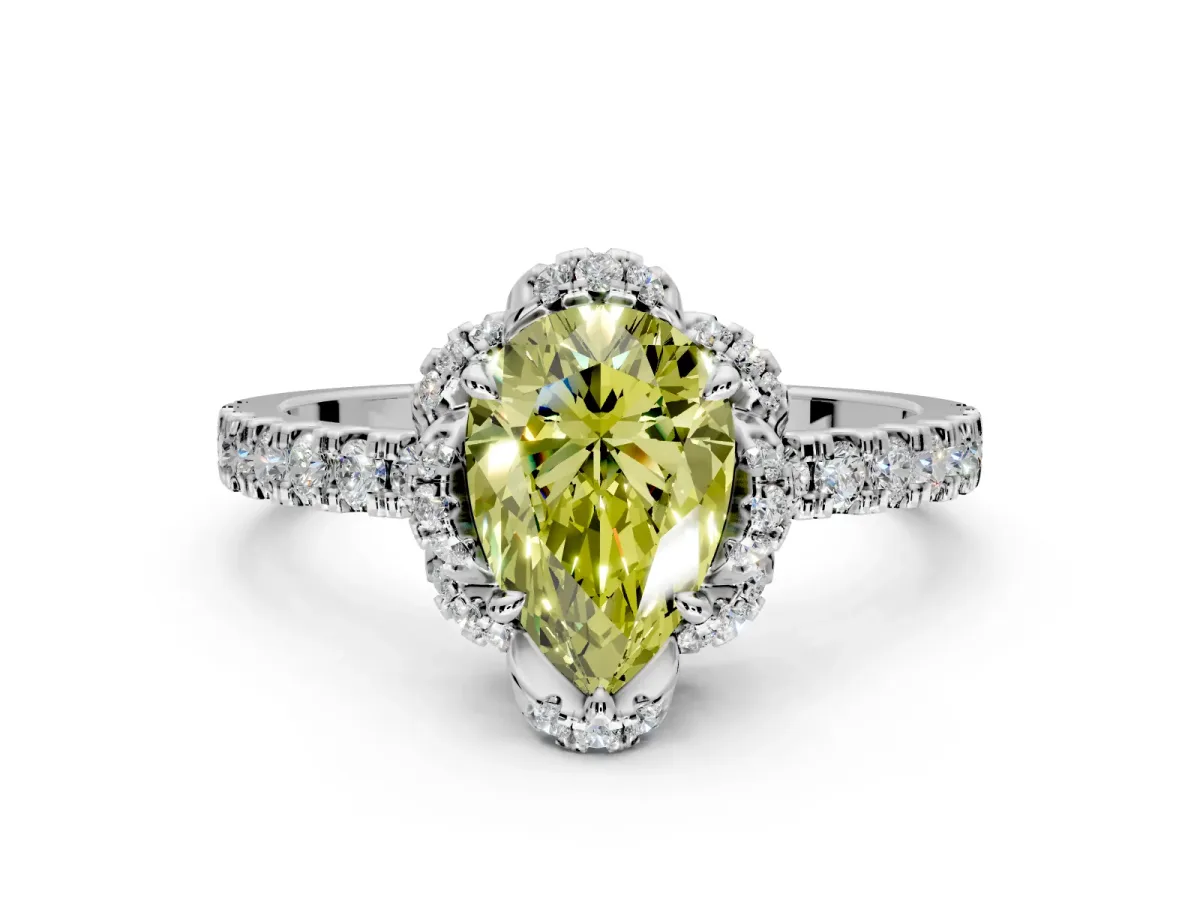 Halo Engagement Ring Setting for Fancy Yellow Pear-Shaped Center with Openwork Halo, Pave Band and Prong Head in Platinum