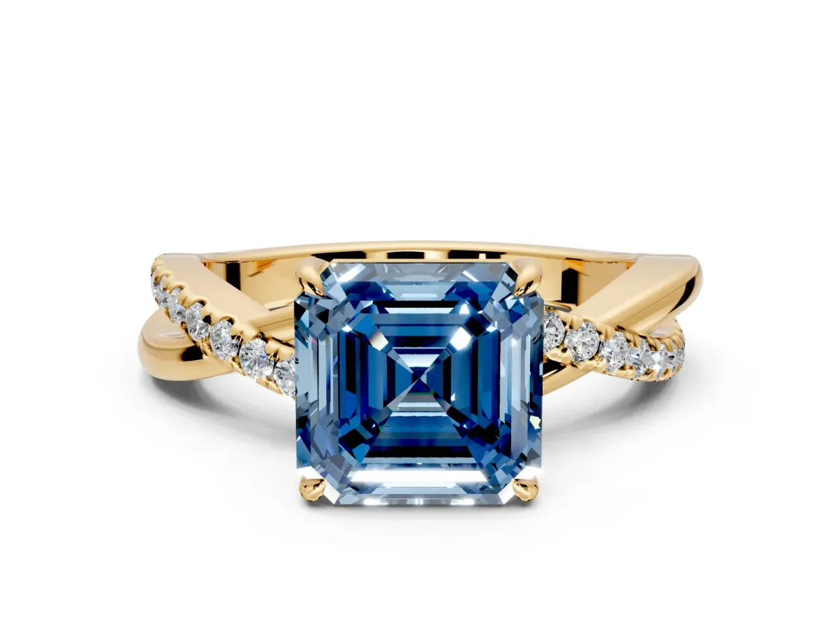 Crossover Engagement Ring Setting for Fancy Blue Asscher Cut Center with Pave and Plain Strands and Prong Head in Yellow Gold