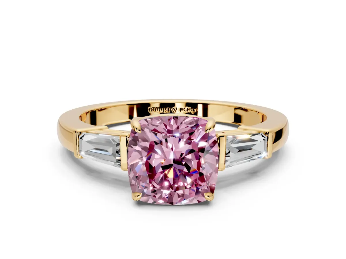 3 Stone Engagement Ring Setting for Fancy Pink Cushion Cut Center with Baguette Accents and Prong Head in Yellow Gold