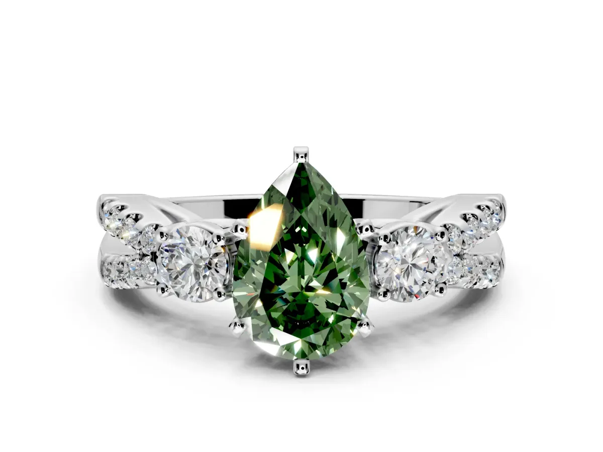 3 Stone Engagement Ring Setting for Fancy Green Pear-Shaped Center with Pave Split Shank and Prong Head in Platinum