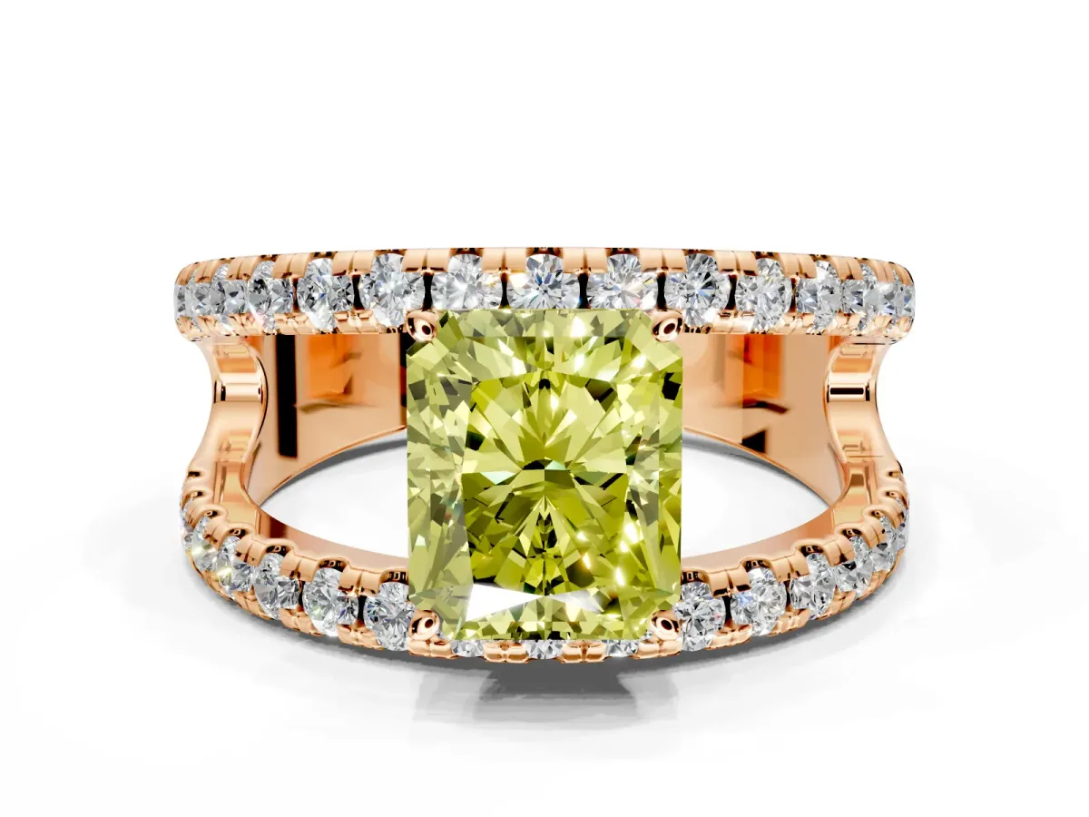 Solitaire Engagement Ring Setting for Fancy Yellow Radiant Cut Center with Wide-Open Split Shank and Prong Head in Rose Gold