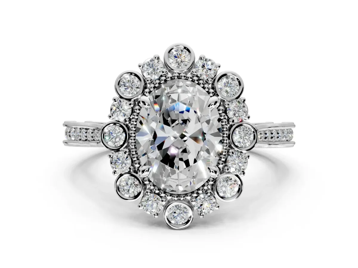 Milgrain Halo Engagement Ring Setting for Oval Center with Bezel Point Accents and Prong Head in Sterling Silver